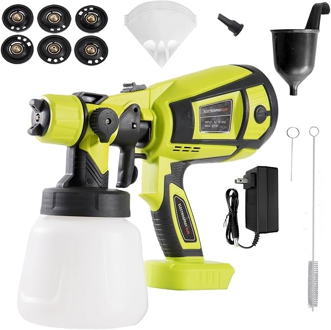 Cordless Paint Sprayer, Paint Gun with 900ml Container, 6 Brass Nozzles, 3 Patterns and Filter for Home Interior and Exterior, Fence, Deck and Furniture