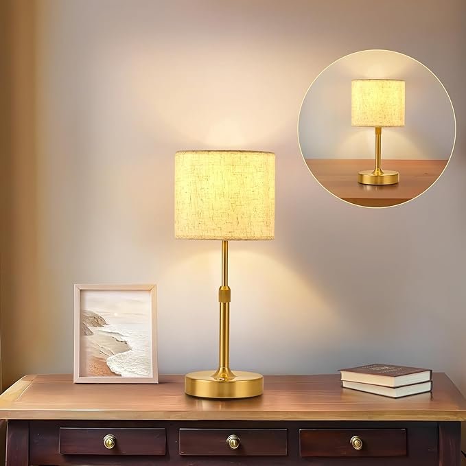 Portable Rechargeable Cordless Table Lamp, Touch Dimmable Battery Operated Lamp, Height Adjustable Bedside Lamp, Ambient Light for Kitchen, Patio, Restaurant, Antique Brass, Linen<br>