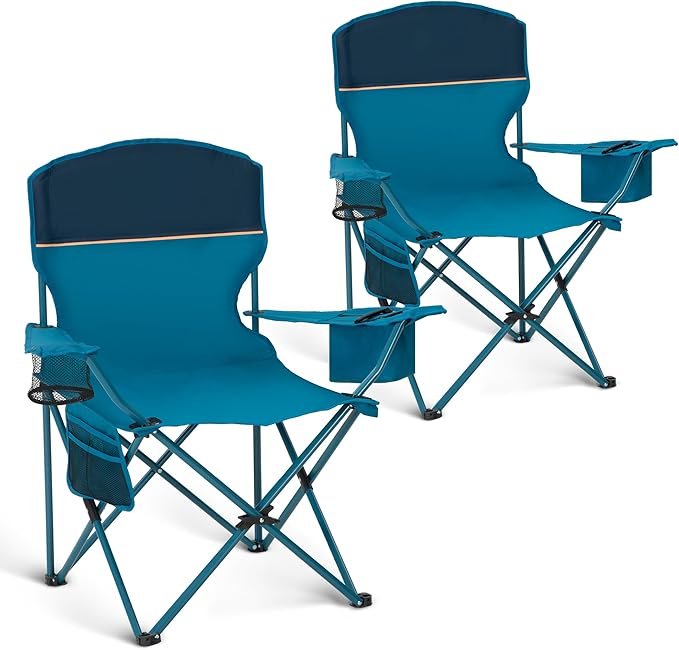 HIGH POINT SPORTS Camping Chair Foldable Set of 2 up to 102 kg Camping Chair Folding Chair with Cup Holders Folding Chair Camping Fishing Chair Foldable with Armrests Outdoor Chair Blue