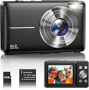 Digital Camera 1080P Camera 44MP Camera Portable Compact Camera with 2.4 Inch LCD Screen, 16x Digital Zoom, 32G Micro Memory Card, 1 Battery for Children, Teenagers, Students, Beginners, Black