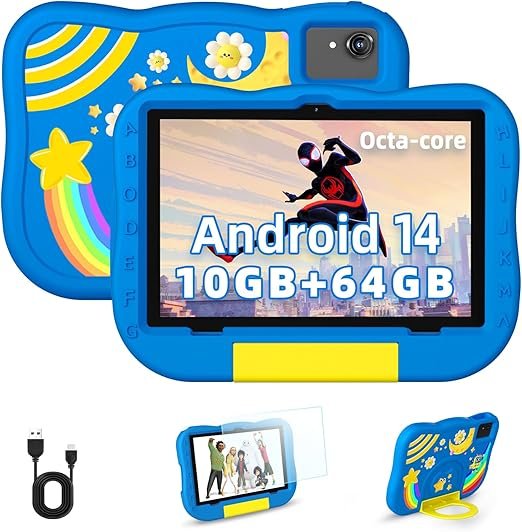 2024 Nuovo Tablet per Bambini da 10 Pollici, Tablet Android 14 per Bambini dai 6 Anni in su, Octa-Core 10+64GB (1TB espandibile), Tablet per Bambini con Custodia Antiurto, Controllo Parentale (Blu)<br>