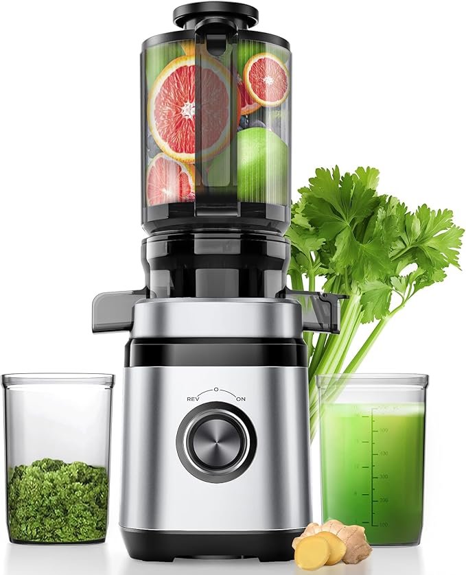 Juicer Machines, Cold Press Juicer with 4.41" Wide Feed Chute, 350W Slow Masticating Juicers for Whole Vegetables & Fruits, High Juice Yield, Easy to Clean, Large Auger, Silver<br>