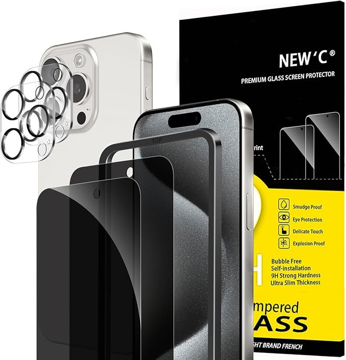 NEW'C 2 x Privacy Screen Tempered Glass for iPhone 15 Pro Max (6.7 Inch) and 2 x Camera Tempered Glass Camera Protection - Easy Installation Tool Included - Improved 28 Degree Protection Angle