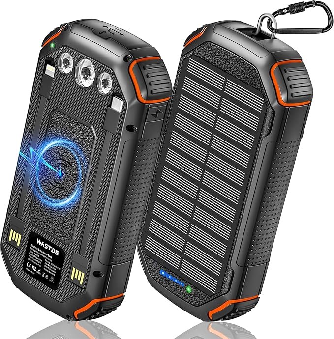 Wireless Solar Power Bank 26800 mAh with 3 Cables, Solar Power Bank USB-C 15 W Fast Charging 4 Outputs 3 Inputs for Mobile Phone, Solar Charger Outdoor External Battery with Torch