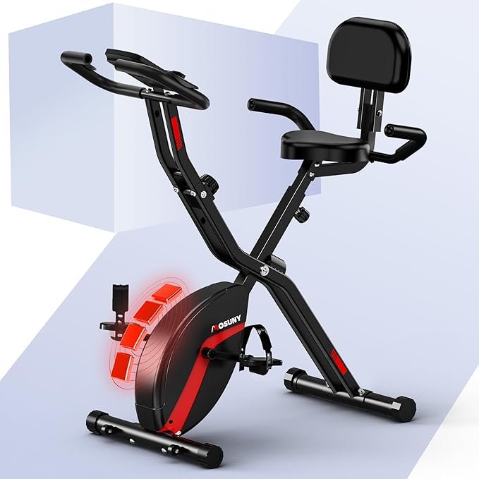 Exercise Bike,MOSUNY 2025 New Foldable Stationary Bike with 16 Levels Magnetic Resistance, Folding Exercise Bicycles With 10DB Near-silent with, 350LB Capacity,Comfortable Seat Backrest<br>