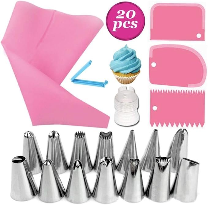 KOKSI 20-Piece Cake Decorating Kit with Silicone Pastry Bag, 14 Piping Tips, 1 Coupler, 3 Cake Scrapers<br>