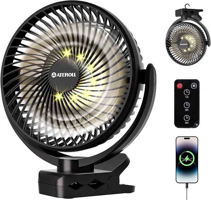Ateroll 10000mAh Clip on Fan with Remote, 3 Speeds USB Rechargeable Fan with Timer & LED Lights, 360°Rotate 8" Battery Powered Desk Fans for Home Office Travel Camping(Black)<br>