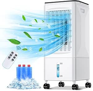 Bidiowe Mobile Air Conditioners, Evaporative Coolers 60W 60°Automatic Oscillation 3 Modes/Wind Speeds 5.5L Tank 7H Timer Low Noise Remote Control w Ice Box Conditioning Unit for Home, Bedroom, Office [Energy Class A++]<br>