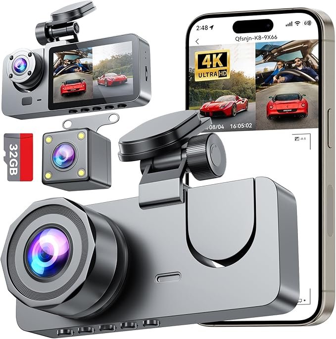 3 Channel Dash Cam Front and Rear, 4K HD Dash Camera Included 32GB SD Card, Dash Camera for Cars, Dashcam with Night Vision, G-Sensor, 24H Parking Mode, 170°Wide Angle, Loop Recording<br>