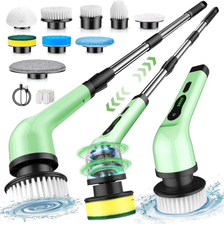 Electric Spin Scrubber, Cordless Cleaning Brush with 9 Replaceable Brush Heads,Shower Scrubber for Bathroom Tub QWE-sas2
