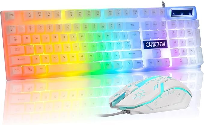 LED Keyboard and Mouse, 104 Keys Rainbow Backlit Keyboard and 7 Color RGB Mouse, White Gaming Keyboard and Mouse Combo for PC Laptop Xbox PS4 Gamers and Work